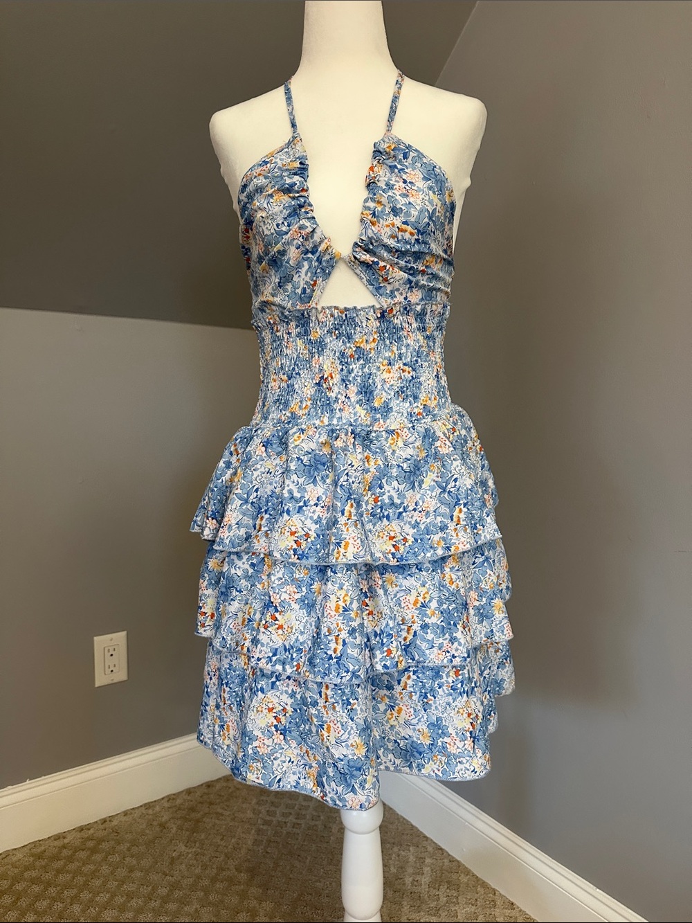 Blue Floral Tiered Mini Dress with Smocked Waist